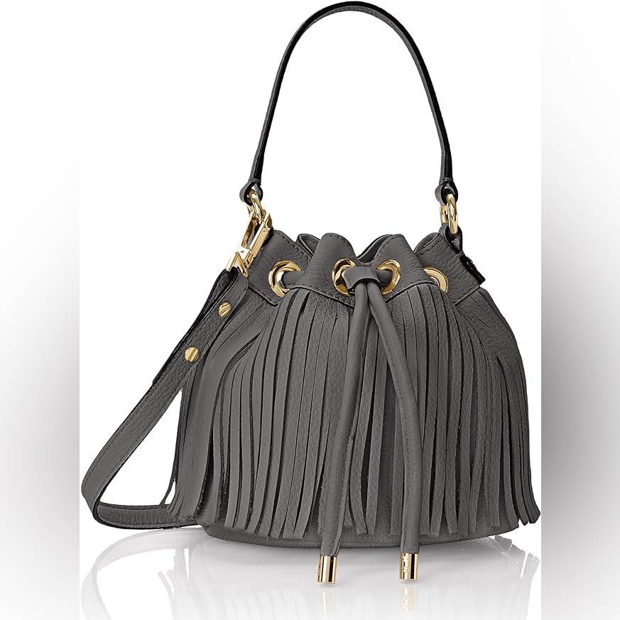 Mily Essex Fringe Small Drawstring Bucket Cross Body Bag Grey Like New